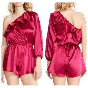 Steve Madden Ruffle One Shoulder Satin Romper Fuchsia XS